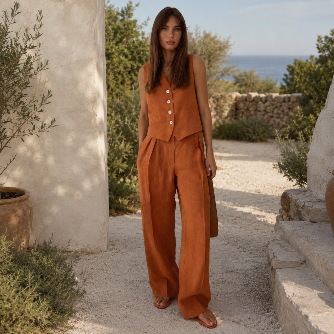 Stella Damen Zweiteiler geknöpfte Weste und weite Hochbund-Hose in Orange