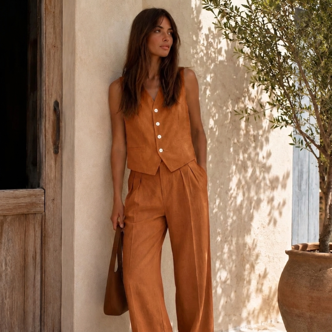 Stella Damen Outfit zweiteiliges Set in Weiß mit geknöpfter Weste und Falten-Weithose