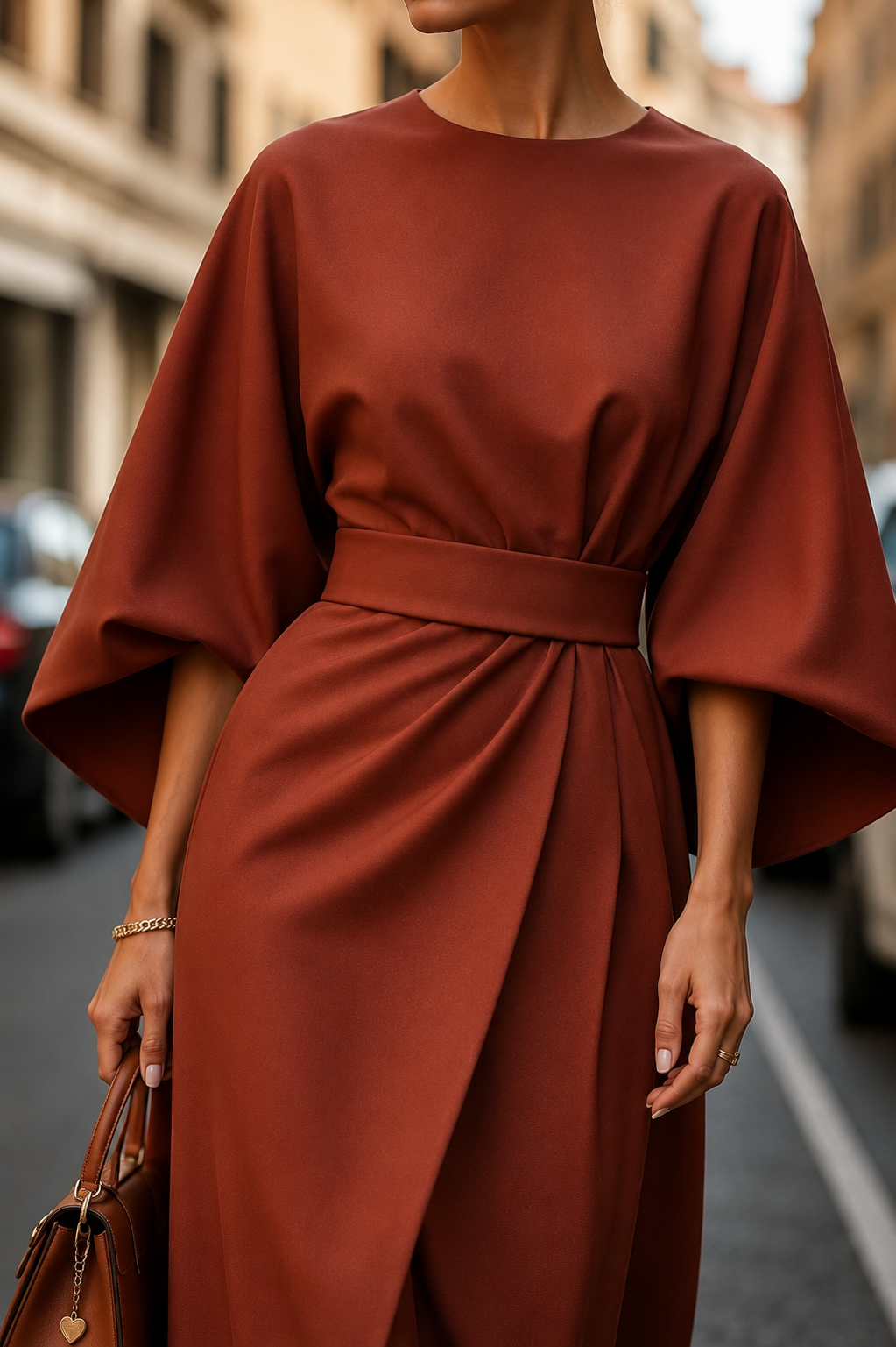 Bellevienne Damen Elegantes Midikleid mit Puffärmeln | Taillierte Leichte Sommerkleid