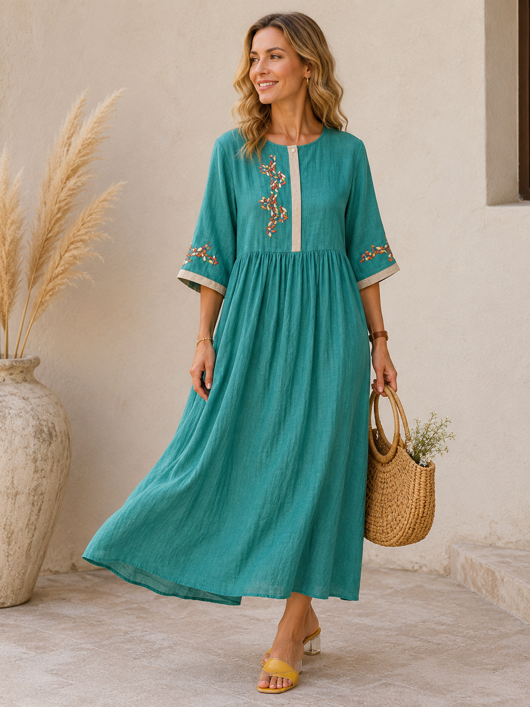 Avelisse Damen Besticktes Baumwoll-Leinen Kleid | Atmungsaktives Freizeit Midikleid