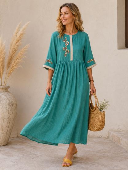 Avelisse Damen Besticktes Baumwoll-Leinen Kleid | Atmungsaktives Freizeit Midikleid