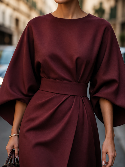 Bellevienne Damen Elegantes Midikleid mit Puffärmeln | Taillierte Leichte Sommerkleid