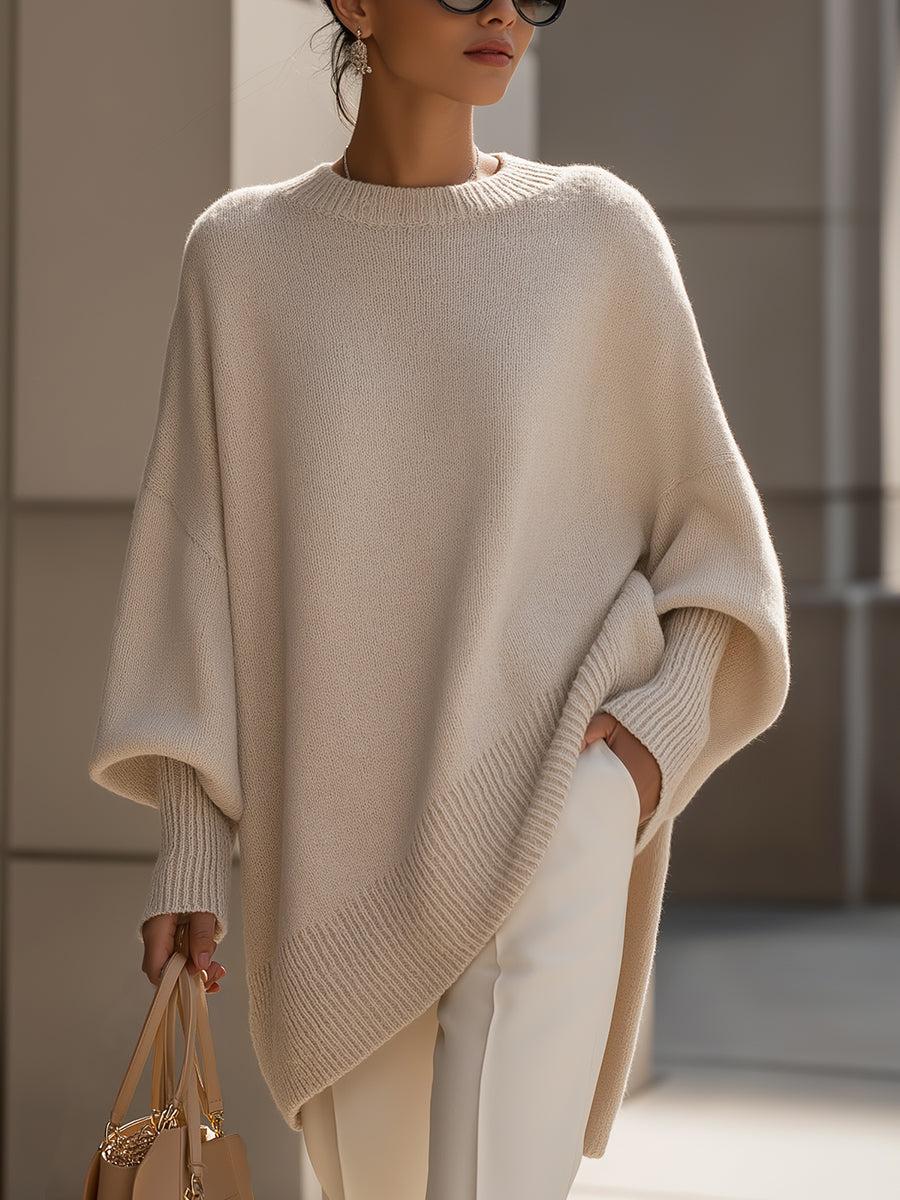 Fiora Damen Oversized Poncho-Pullover in Beige mit weitem Fledermausärmel