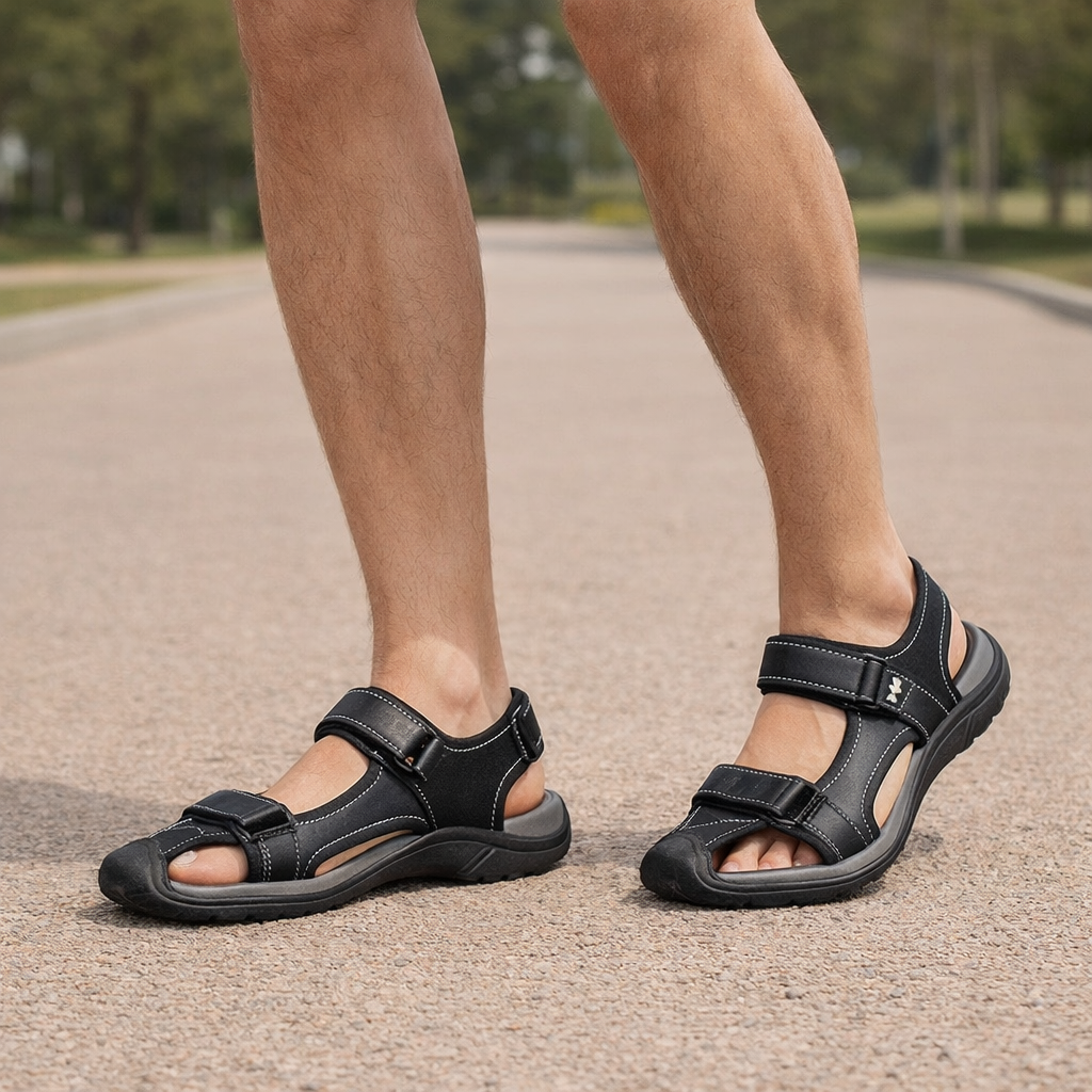 Markus Herren Leder-Sandalen in Schwarz mit rutschfester EVA-Sohle – Seitenansicht