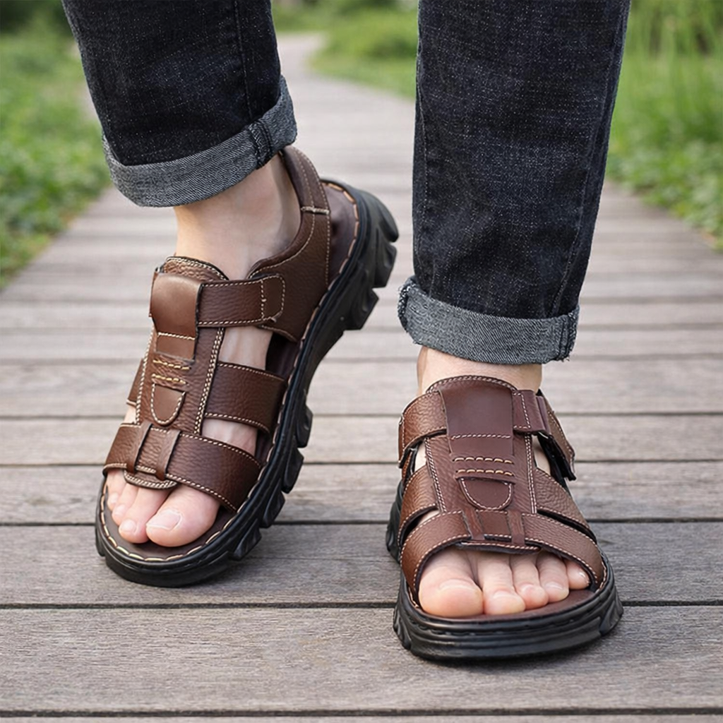 Tobias Herren orthopädische Ledersandalen in Braun – Seitenansicht