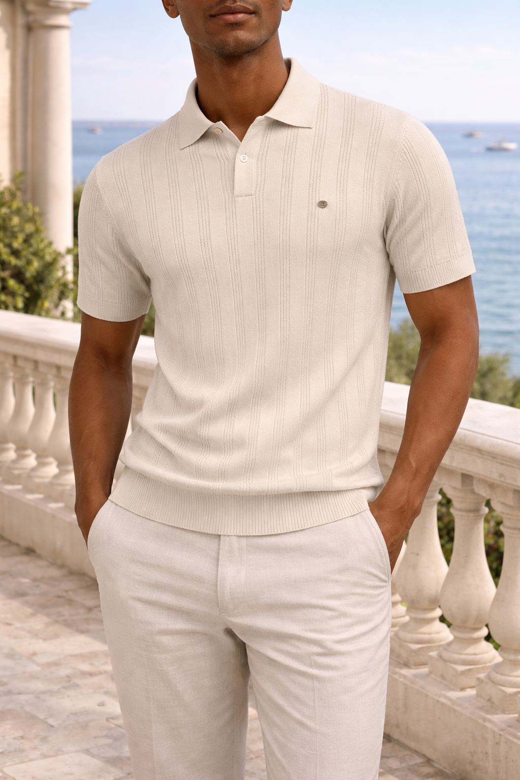 Kento Poloshirt mit Rippbündchen und strukturiertem Strick in Beige