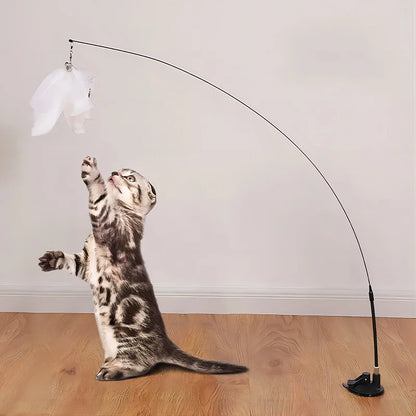 Katzenspielzeug mit Federn und Glöckchen – 80 cm langer Spielzeugstab mit Saugnapf