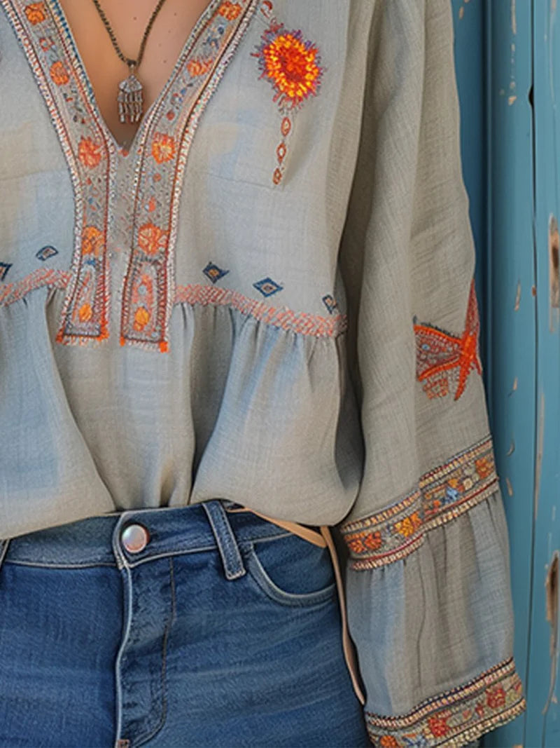 Elara Damen Boho Bluse mit Stickerei | Leichte Langarm Freizeitbluse