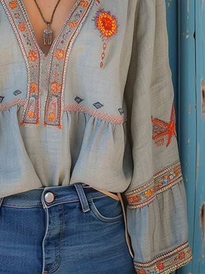 Elara Damen Boho Bluse mit Stickerei | Leichte Langarm Freizeitbluse
