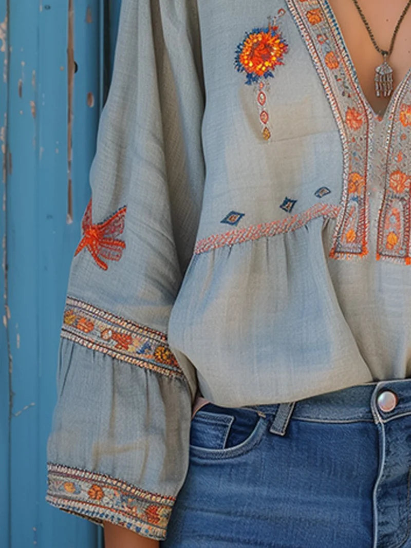 Elara Damen Boho Bluse mit Stickerei | Leichte Langarm Freizeitbluse