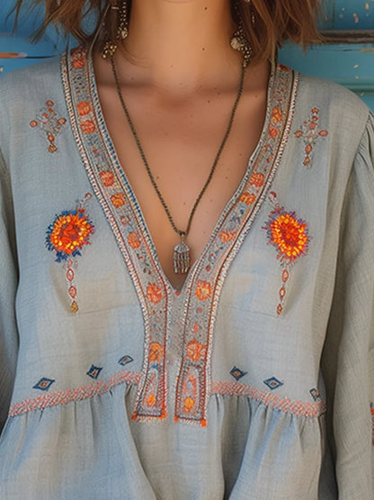 Elara Damen Boho Bluse mit Stickerei | Leichte Langarm Freizeitbluse