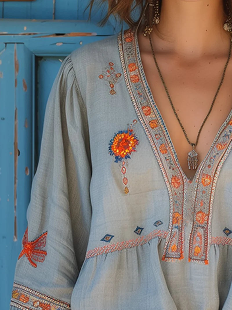 Elara Damen Boho Bluse mit Stickerei | Leichte Langarm Freizeitbluse