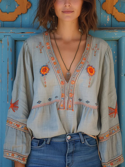Elara Damen Boho Bluse mit Stickerei | Leichte Langarm Freizeitbluse