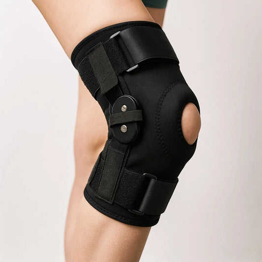 Kniebrace mit Seitenstabilisatoren – verstellbar, atmungsaktiv und stabil für Alltag und Sport