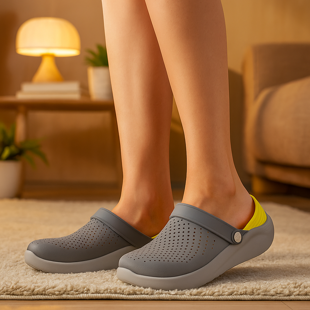 Lorva orthopädische Clogs in Grau mit Grün – weiche Sohle für empfindliche Füße