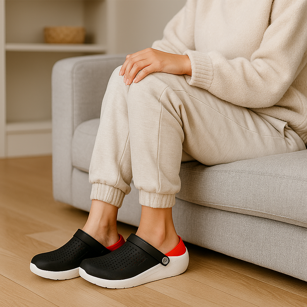Lorva Clogs Seitenansicht – flacher Absatz 1–3 cm für Gelenk- und Rückenschonung