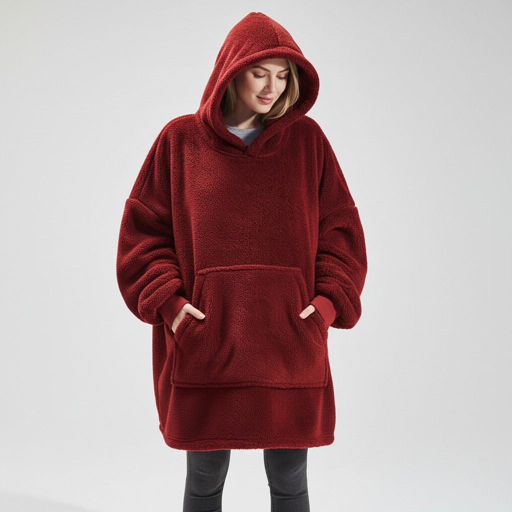 Maja Oversize Hoodie-Decke – Nahaufnahme doppelseitiger Plüsch-Fleece-Stoff