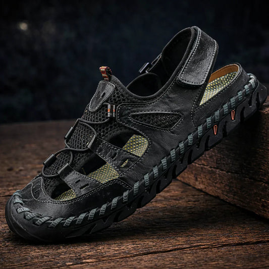 Marek Herren Leder-Sandalen in Schwarz mit verstellbarer Schnalle