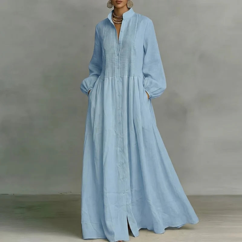 Vivienne Damen Maxi Blusenkleid mit Knopfleiste | Elegantes Langarm Freizeitkleid