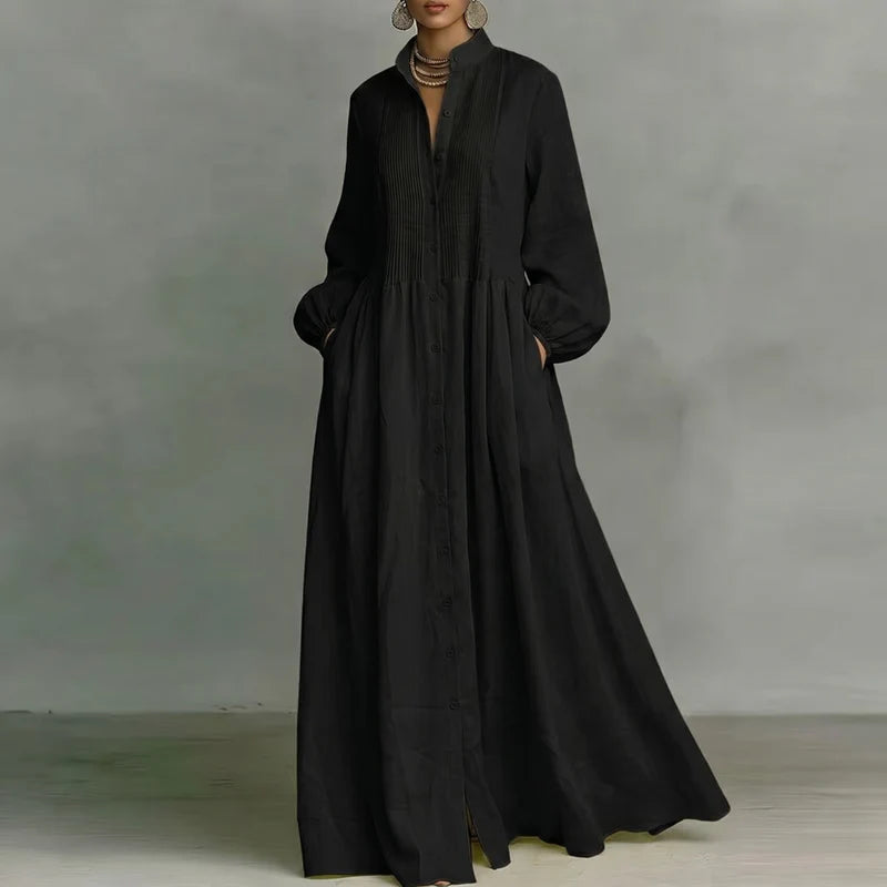 Vivienne Damen Maxi Blusenkleid mit Knopfleiste | Elegantes Langarm Freizeitkleid