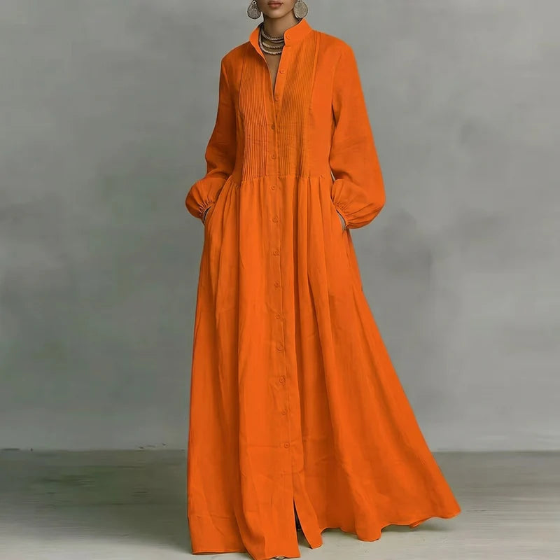 Vivienne Damen Maxi Blusenkleid mit Knopfleiste | Elegantes Langarm Freizeitkleid