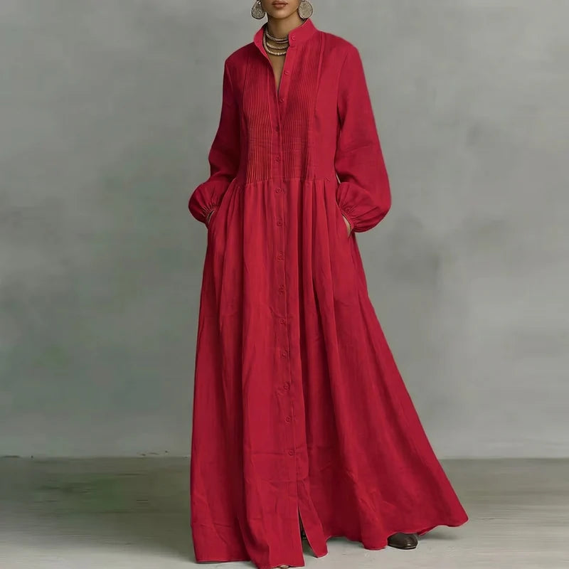 Vivienne Damen Maxi Blusenkleid mit Knopfleiste | Elegantes Langarm Freizeitkleid