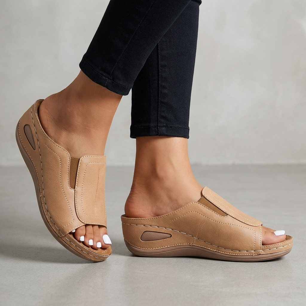 Selina Damen orthopädische Slip-On Sandalen in Beige mit weicher Komfortsohle